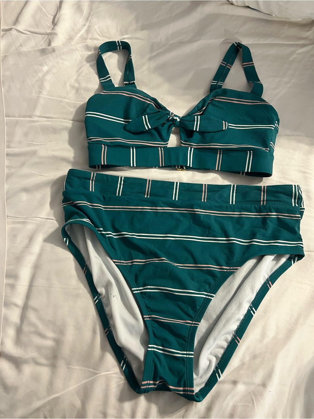 Striped Teal Tie-Front Bikini Set - Women Swim